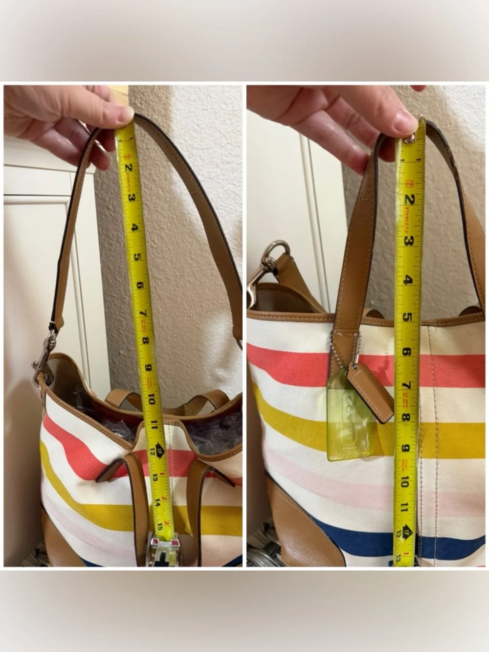 Coach Striped Canvas Tote in Coral, Mustard, Navy & Pink with Tan Leather F30041 - Picture 16 of 16